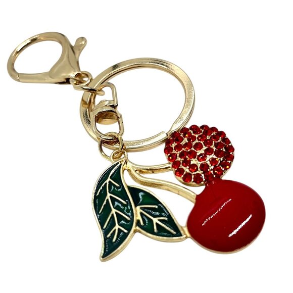 3/$30 CHERRY KEYCHAIN GOLD TONE ENAMEL LEAF RED RHINESTONE BAG CHARM FRUIT NWT - Picture 6 of 9